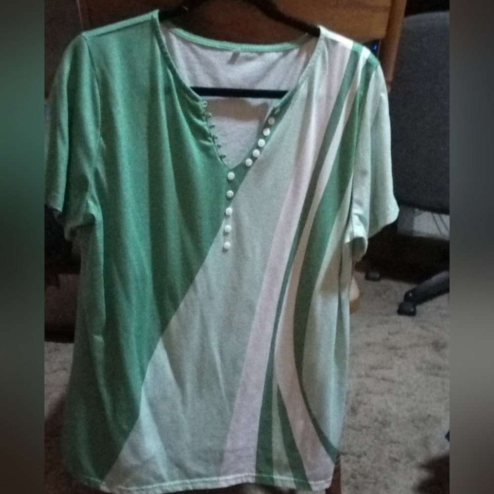 Green and White V-Neck Top with Button Detail